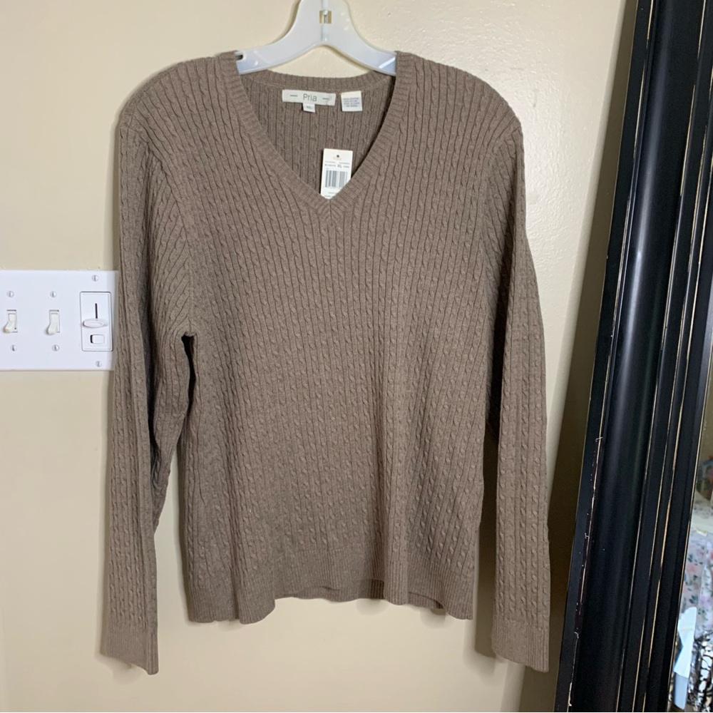 L.L. Bean Women's V-Neck Cable Knit Sweater in Taupe